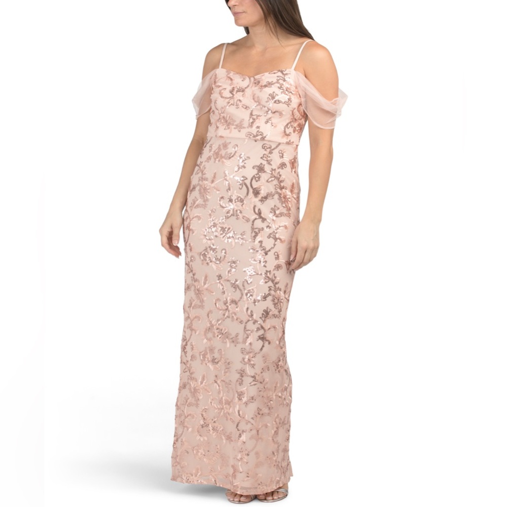 ADRIANNA PAPELL ROSE GOLD OFF THE SHOULDER SEQUIN GOWN ELEGANT PINK EVENING MAXI